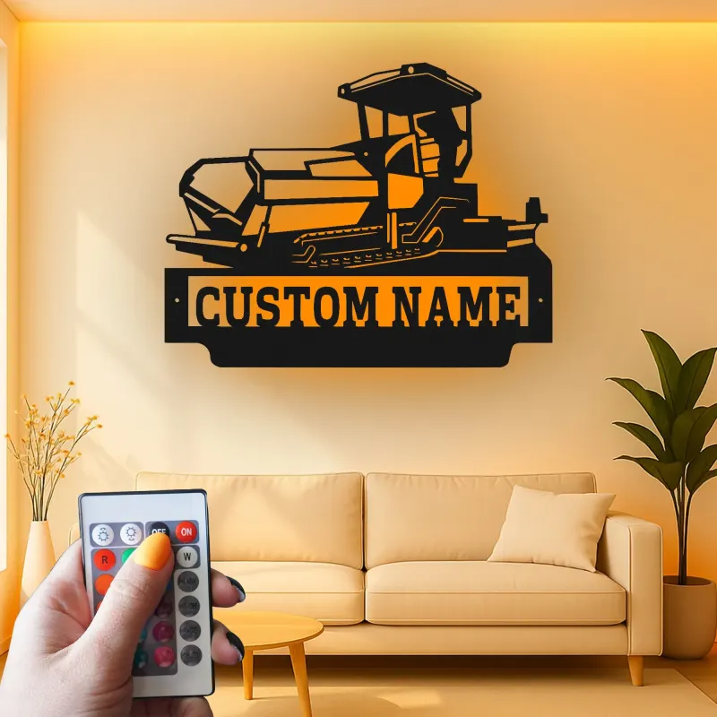 Décoration murale en métal personnalisée avec bulldozer rétroéclairé - Cadeau personnalisé pour passionné de construction - Décor de garage ou de bureau