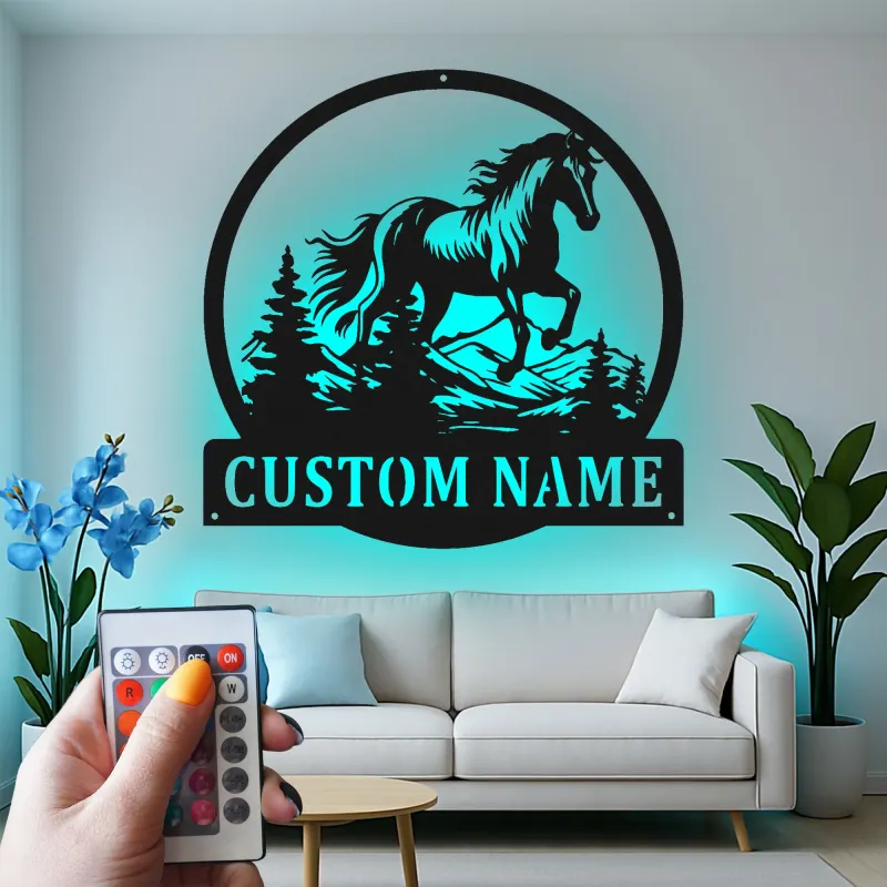 Insegna in metallo personalizzata con LED | Arte murale equestriana personalizzata | Regalo per amanti dei cavalli