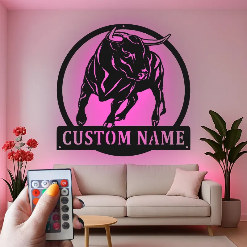 Décoration murale en métal personnalisée avec éclairage LED de taureau - Cadeau pour éleveurs - Décor de ferme rustique