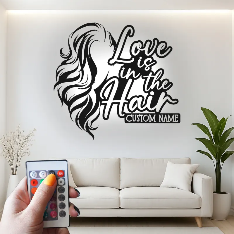 Custom Hairstylist LED Sign | Personalized Metal Wall Art for Salon Decor | Love is in the Hair Light Up Nameplate