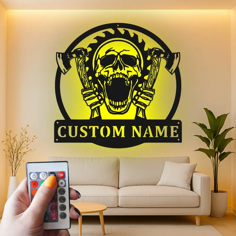 Gothic Skull & Axes LED Sign | Personalized Metal Wall Art for Man Cave | Custom Horror Decor Gift for Him