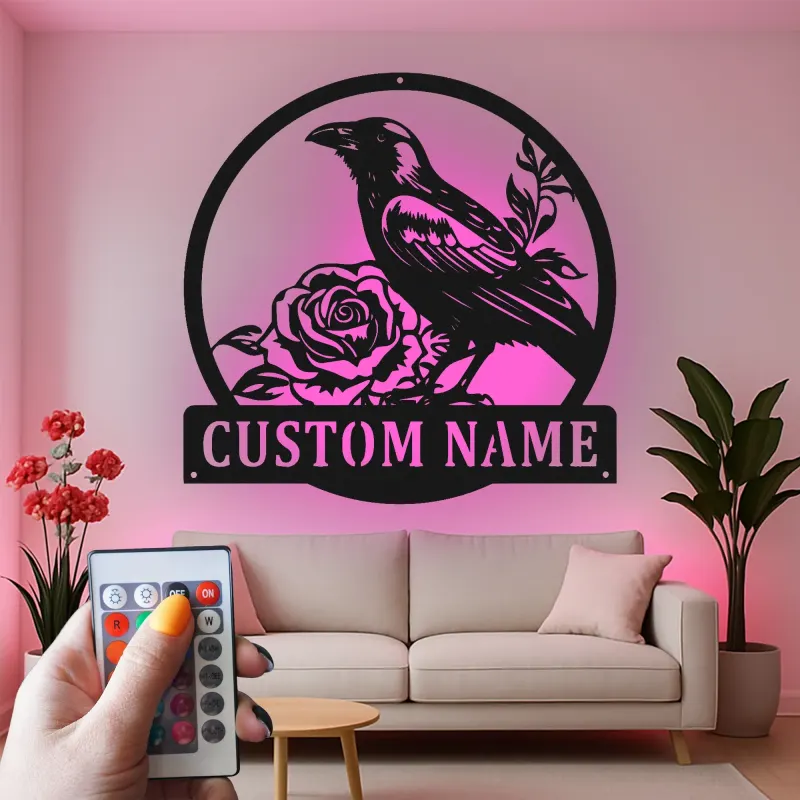 Individuelles Raben-Metallschild | Personalisierte gotische Rosen-Wandkunst | LED-beleuchtete Vintage-Vogel-Dekoration für Zuhause oder Büro