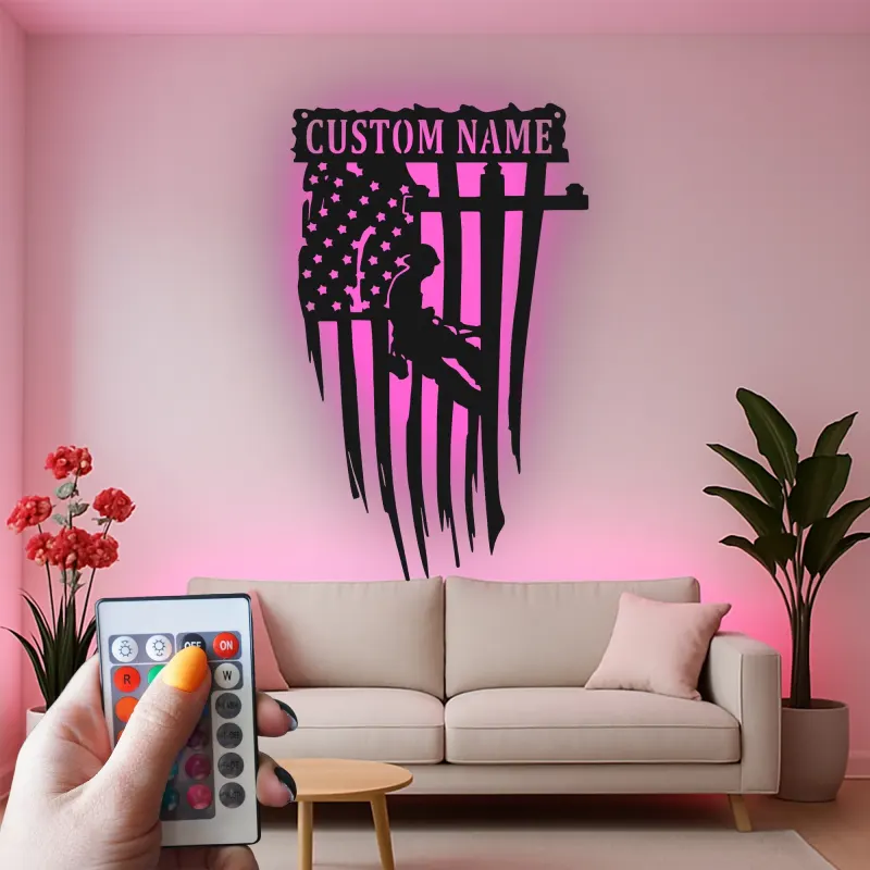 Cartel de metal con bandera para liniero personalizado | Arte mural LED con bandera americana | Regalo personalizado para electricista | Decoración patriótica para trabajador de servicios públicos