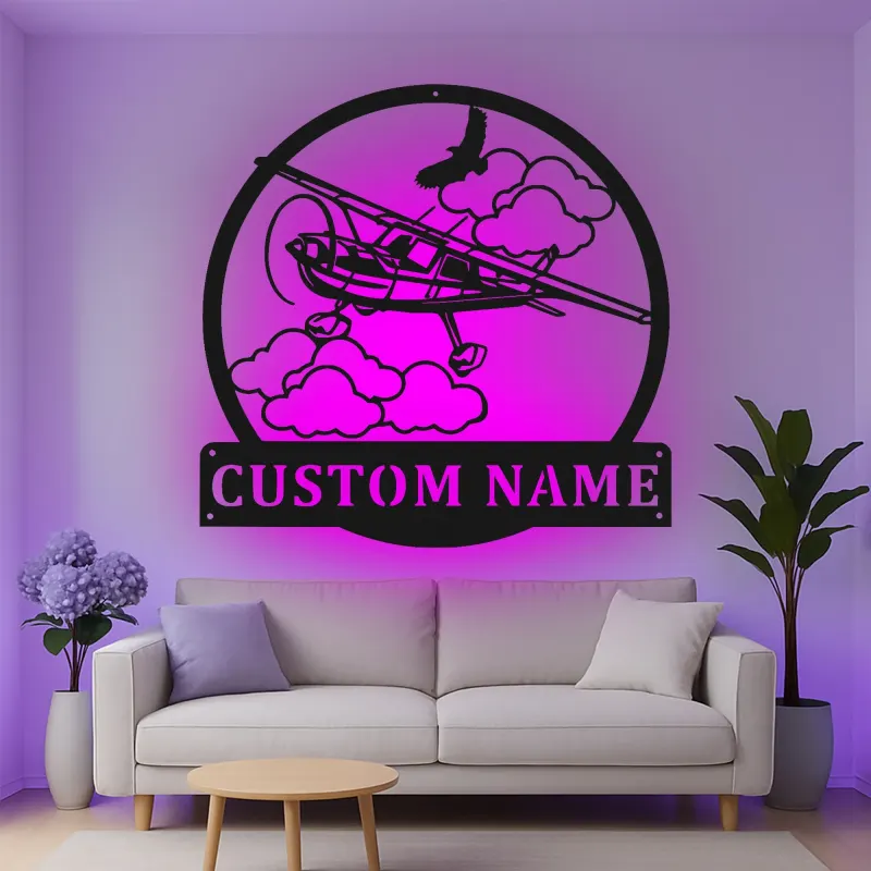 Décoration murale en métal personnalisée avec lumière LED d'avion - Cadeau d'aviation pour pilotes, décoration de hangar ou de bureau 1