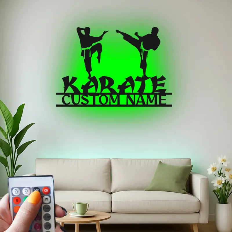 Insegna LED personalizzata per Karate | Arte in metallo per arti marziali | Decorazione per dojo e studio domestico per combattenti cintura nera