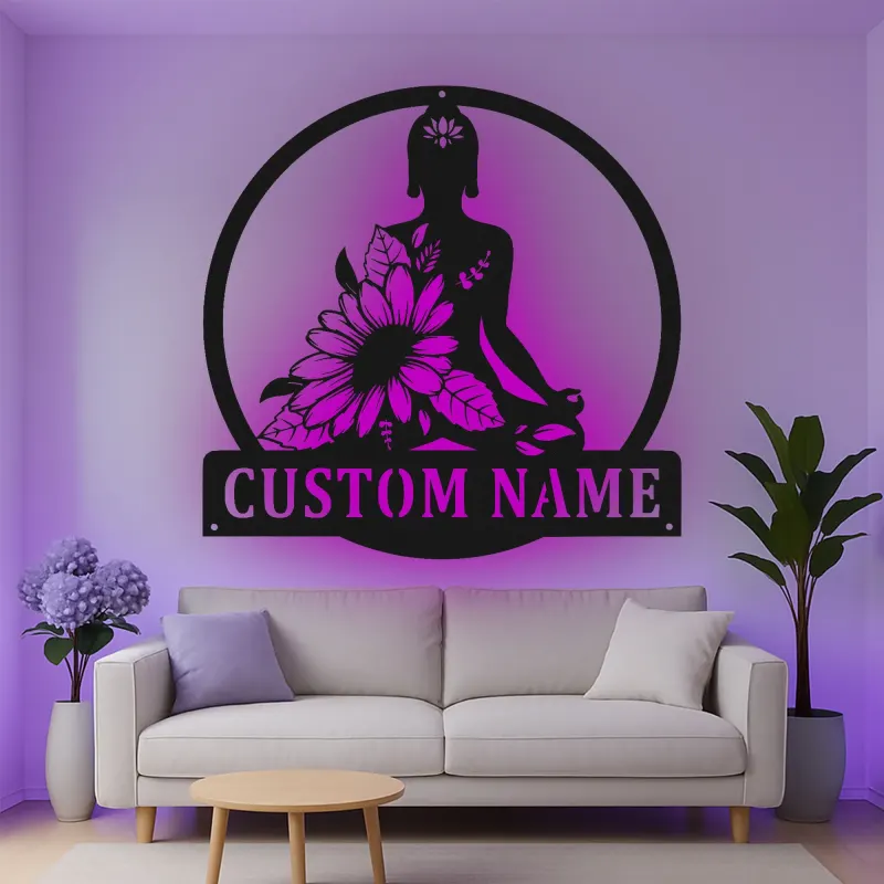 Personalisierte LED-beleuchtete Buddha-Meditation mit Sonnenblume – Geschenk für Yoga-Liebhaber, Zen-Garten oder Meditationsraum-Dekor