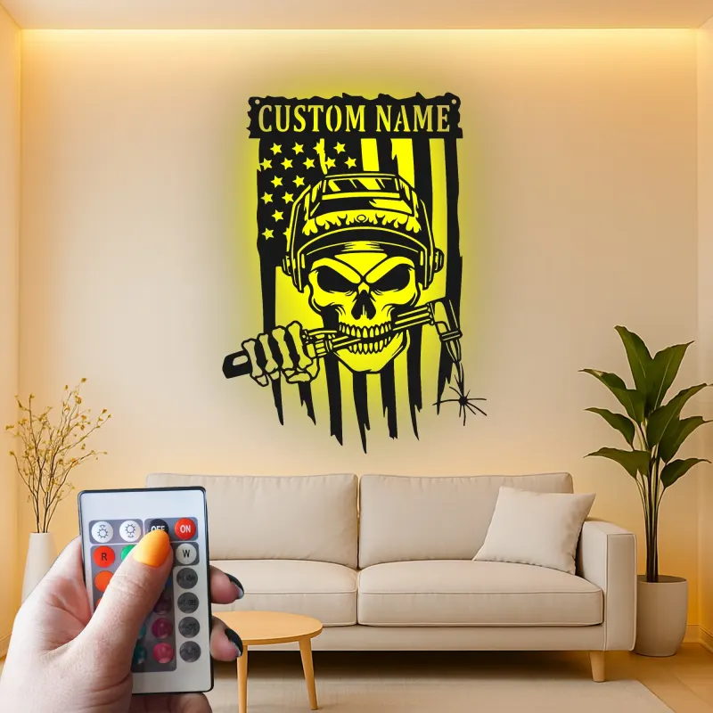 Décoration murale en métal personnalisée Crâne de soudeur avec rétroéclairage LED Cadeau unique pour les soudeurs Décor de garage ou d'atelier