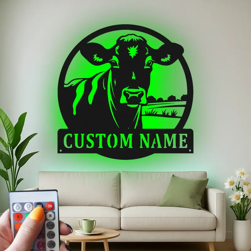 Décoration murale en métal LED personnalisée Ferme Vache - Cadeau pour agriculteur - Décor de grange rustique 1
