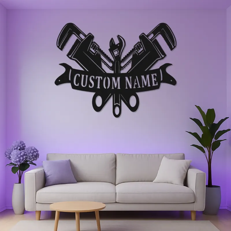 Custom Plumber LED Sign | Personalized Metal Tool Art | Workshop & Garage Decor | Pipe Wrench Wall Light