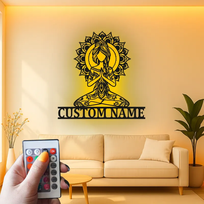 Cartel de metal personalizado con luz LED de meditación de yoga, regalo personalizado para amantes del yoga, decoración zen para sala de meditación