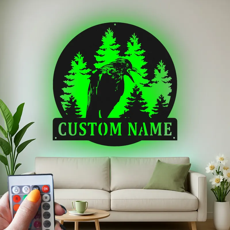 Décoration murale en métal personnalisée avec forêt de corbeaux et rétroéclairage LED, cadeau pour les amoureux de la nature, décoration rustique pour cabane