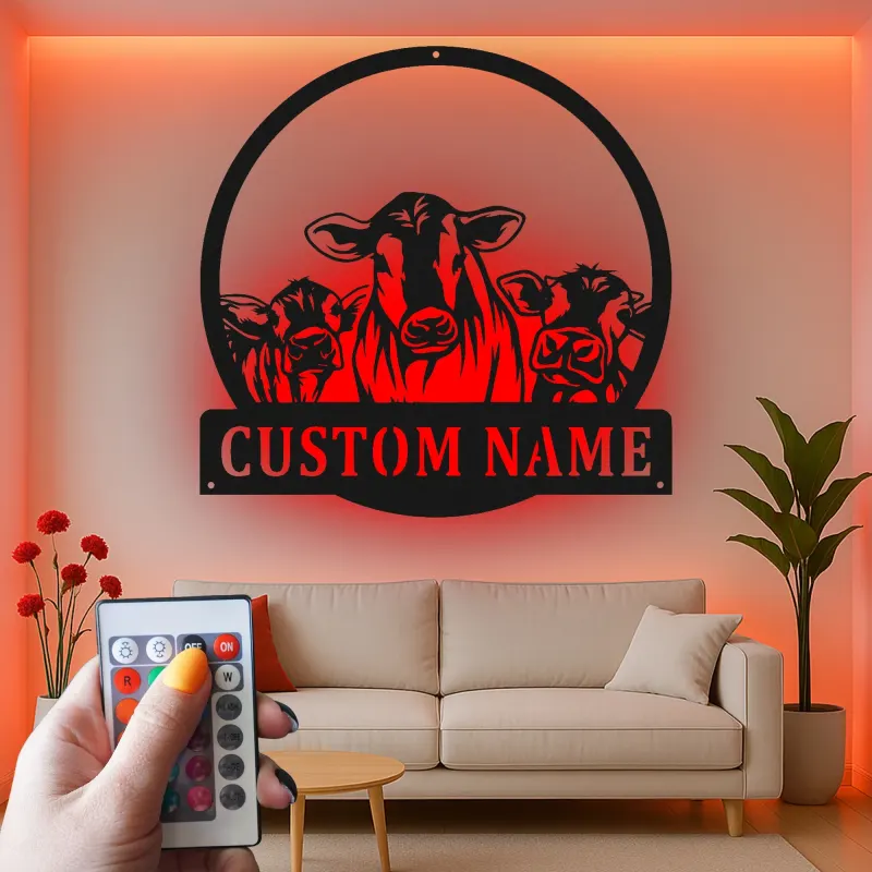 Personalisierte Kuhfamilie LED-beleuchtete Metall-Wandkunst – Bauernhof-Geschenk für Landwirte, rustikale Küche oder Scheunendeko