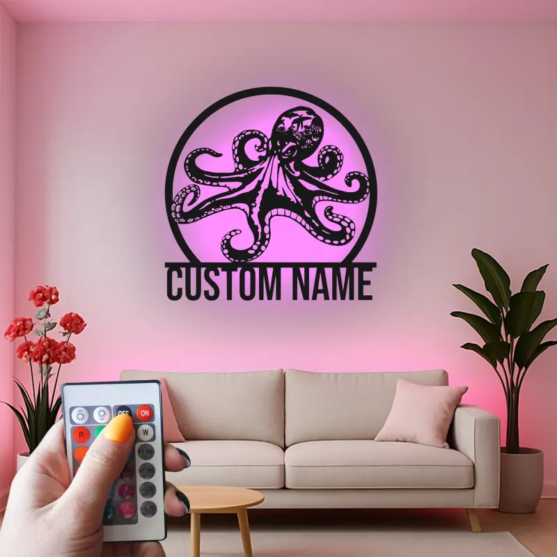Décoration murale LED en métal pieuvre personnalisée | Plaque avec nom sur mesure | Déco nautique pour bureau et maison côtière | Cadeau pour amoureux de l’océan