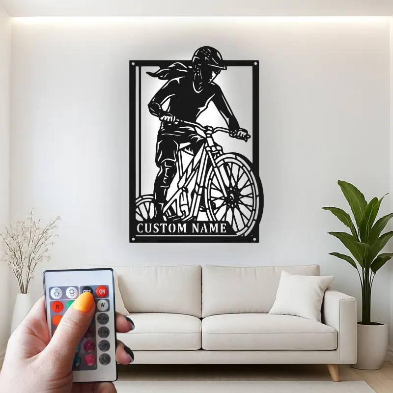 Custom Cyclist Led Light Metal Wall Art Personalized Gift for Biking Enthusiasts Garage or Man Cave Decor