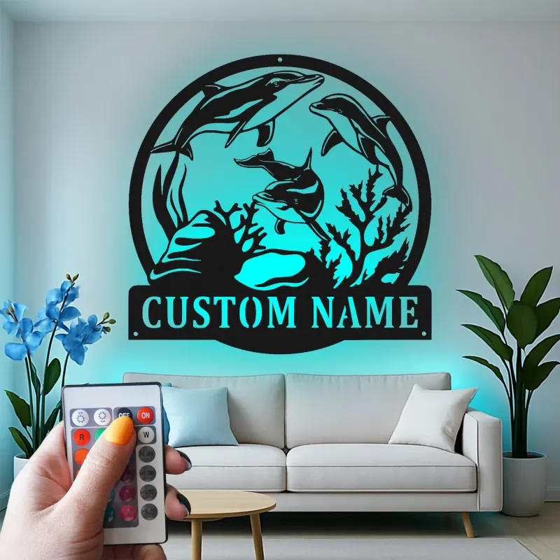 Custom Dolphin Led Light Metal Wall Art Personalized Ocean Lover Gift Nautical Decor for Beach House