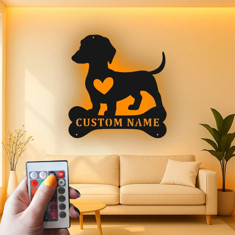 Décoration murale en métal LED personnalisée pour les amoureux des chiens - cadeau pour les propriétaires de teckels pour le salon