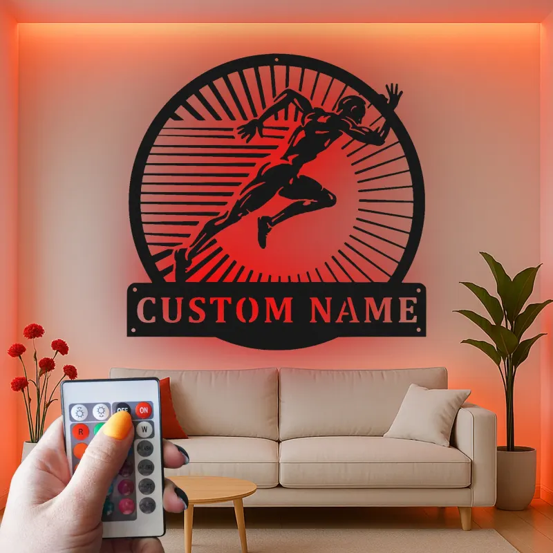 Custom Runner Name Sign | LED Metal Wall Art for Gym & Home | Personalized Track Athlete Gift | Sprint Silhouette Decor