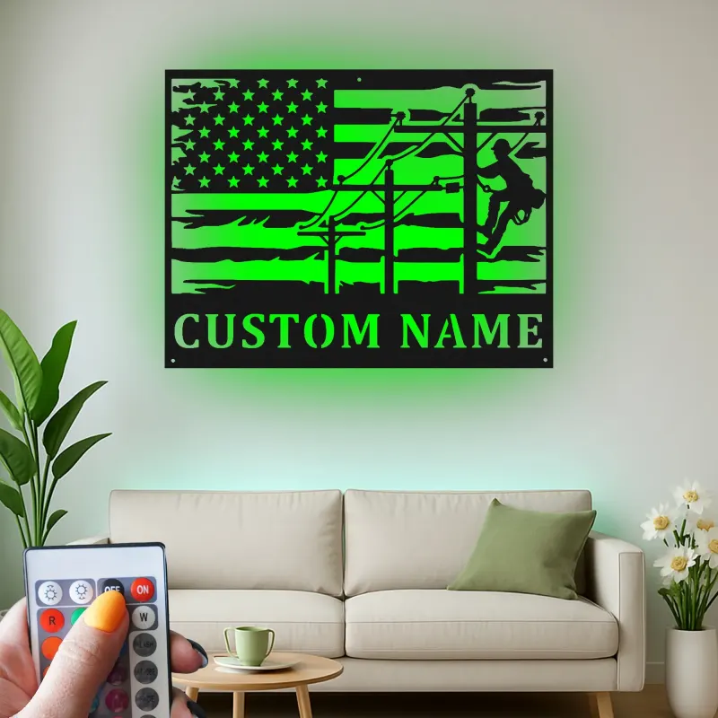 Cartel de metal personalizado para liniero | Arte LED con bandera americana personalizada | Regalo para electricista y decoración patriótica para trabajador de servicios públicos