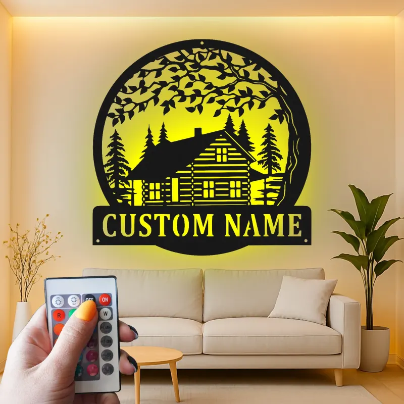 Cartel de metal personalizado con cabaña de troncos y luz LED, regalo de inauguración personalizado, decoración rústica para amantes de cabañas