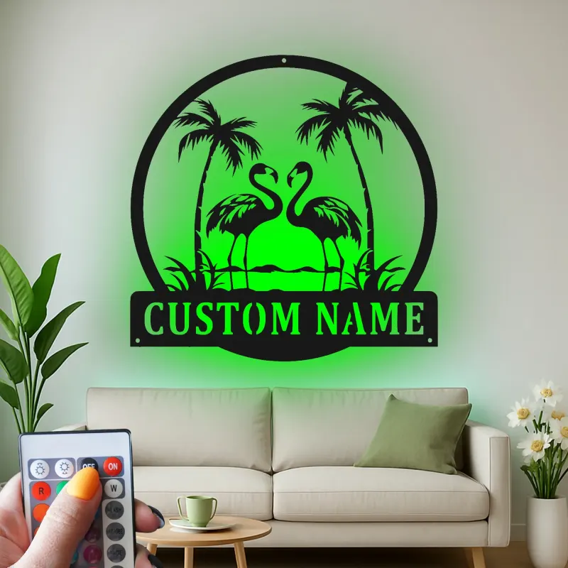 Cartel de metal LED de flamenco | Cartel tropical personalizado | Decoración de casa de playa y salón a medida | Luz de palmera costera