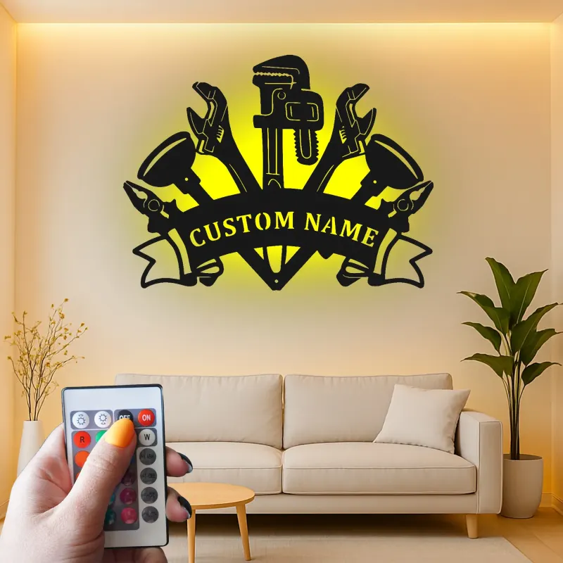Panneau Métallique Outils de Plombier Personnalisé | Art Murale LED Personnalisée pour Atelier & Bureau | Cadeau pour Professionnel de la Plomberie