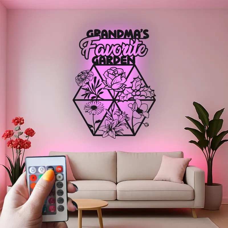 Omas Garten LED-Schild | Personalisiertes Metall-Wandkunst mit Blumenmotiv | Geschenk zum Muttertag