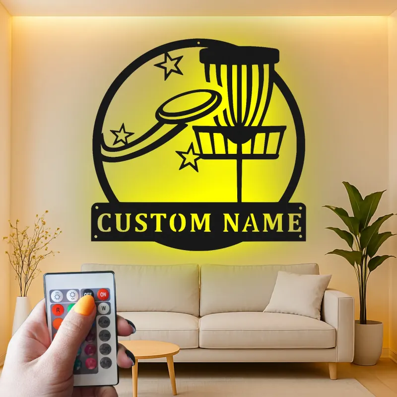 Insegna in metallo personalizzata con LED a forma di cestino per disc golf - Regalo per appassionati di disc golf - Decorazione per sala giochi 4