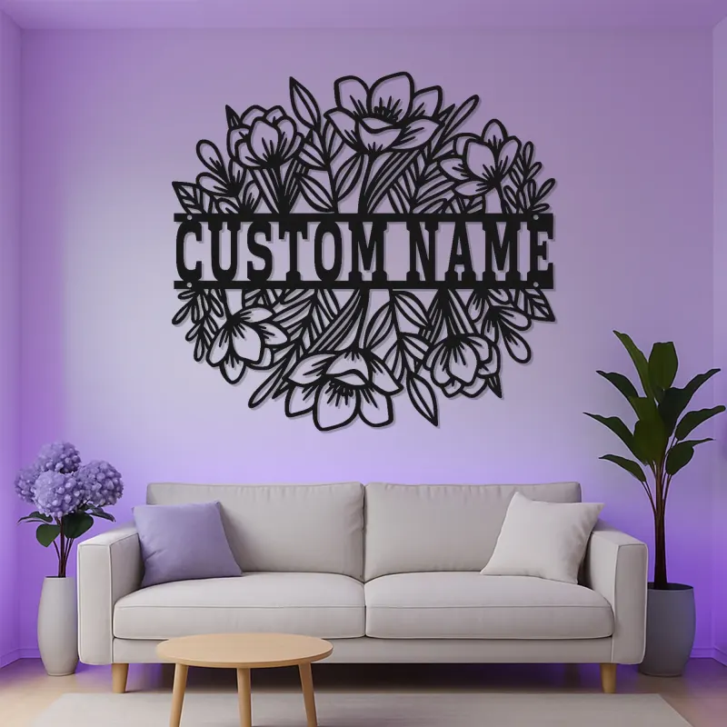 Cartel de nombre floral personalizado con LED | Arte mural de metal personalizado para ella | Decoración moderna boho para guardería y sala de estar