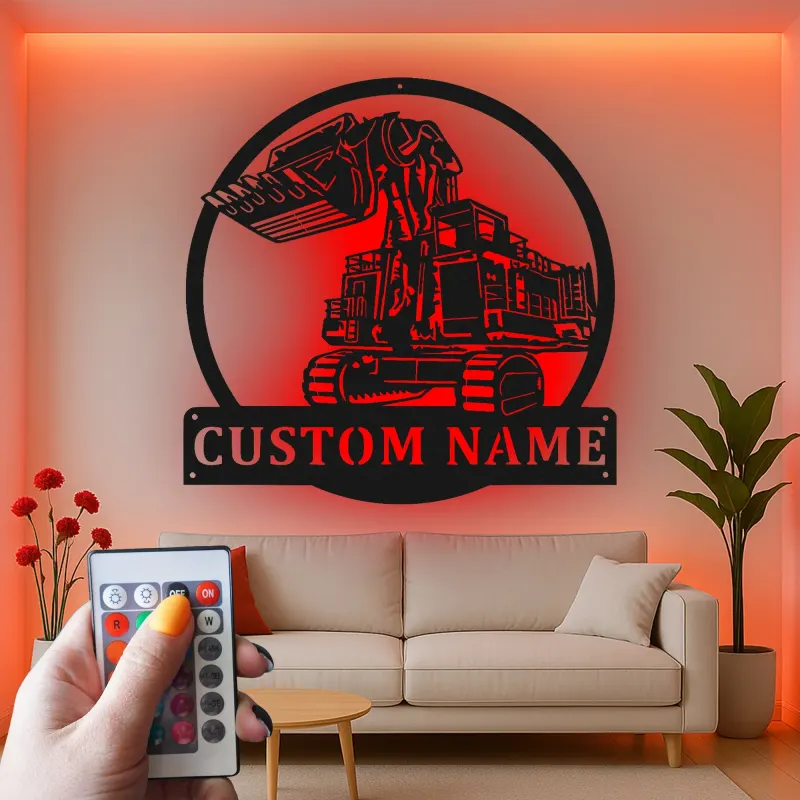Décoration murale en métal LED personnalisée pour excavateur - Cadeau pour passionnés de construction, décoration de garage ou de bureau