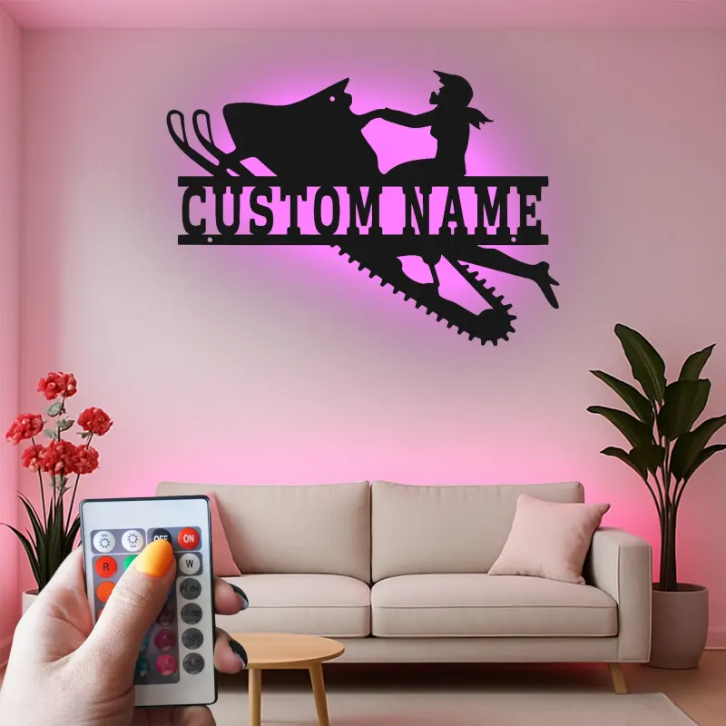 Insegna LED personalizzata per donna in motoslitta | Decorazione murale in metallo su misura | Regalo invernale per lei | Silhouette rider