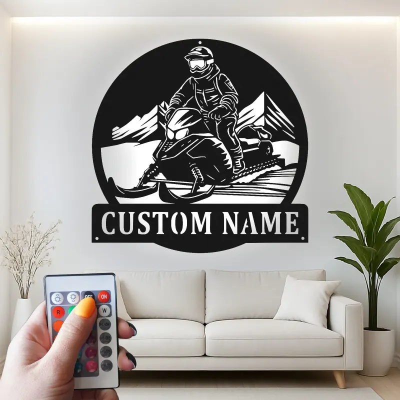 Arte murale in metallo per pilota di motoslitta | Insegna LED personalizzata per garage o man cave | Regalo per sport invernali per lui
