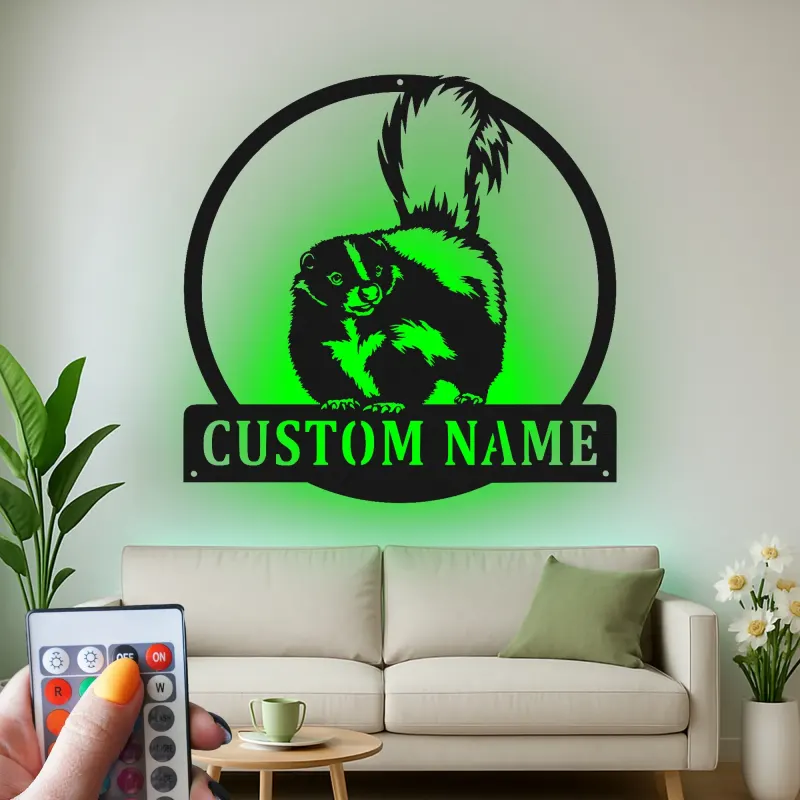 Custom Skunk Metal Wall Art | Personalized LED Name Sign for Cabin & Lodge | Realistic Wildlife Silhouette Decor