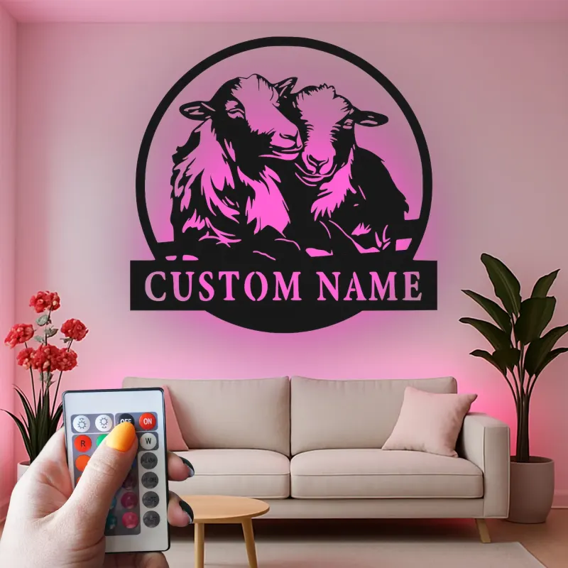 Insegna LED Personalizzata con Agnelli | Arte in Metallo Personalizzata | Decorazione per Fattoria di Pecore per Nursery o Regalo per Casa Rustica