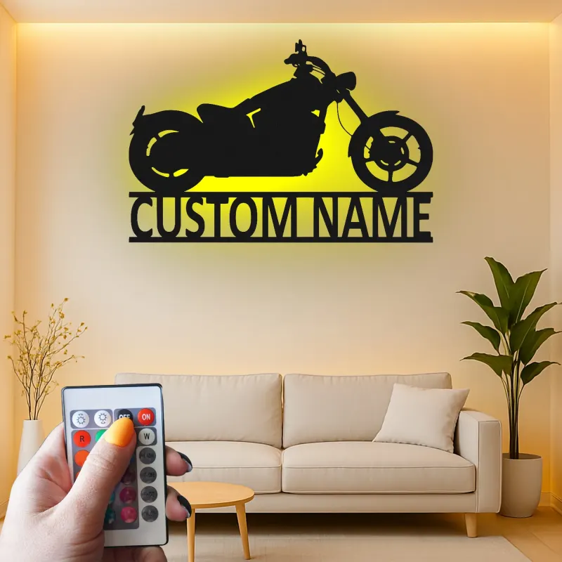 Insegna LED Personalizzata con Moto Cruiser | Arte Murale in Metallo Personalizzata | Decorazione Retro per Garage Biker | Regalo Illuminato per Caverna degli Uomini