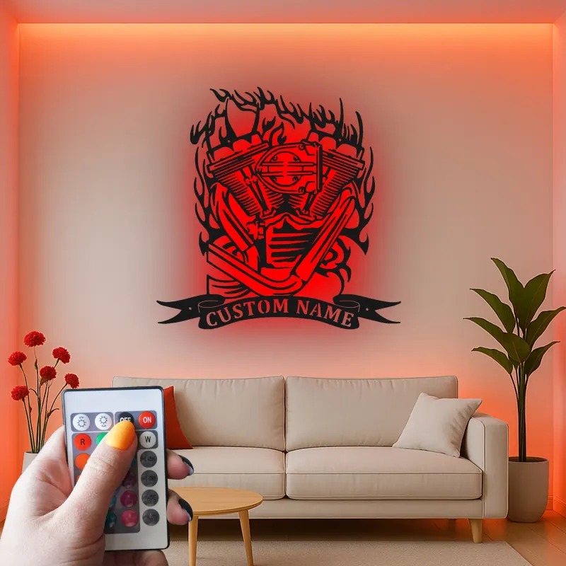 Arte LED in metallo con motore V-Twin | Insegna motociclistica personalizzata per garage | Targa biker su misura | Decorazione per man cave