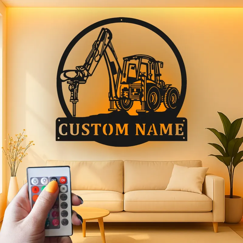 Custom Excavator Led Light Metal Wall Art Personalized Gift for Construction Enthusiast Garage or Office Decor 1