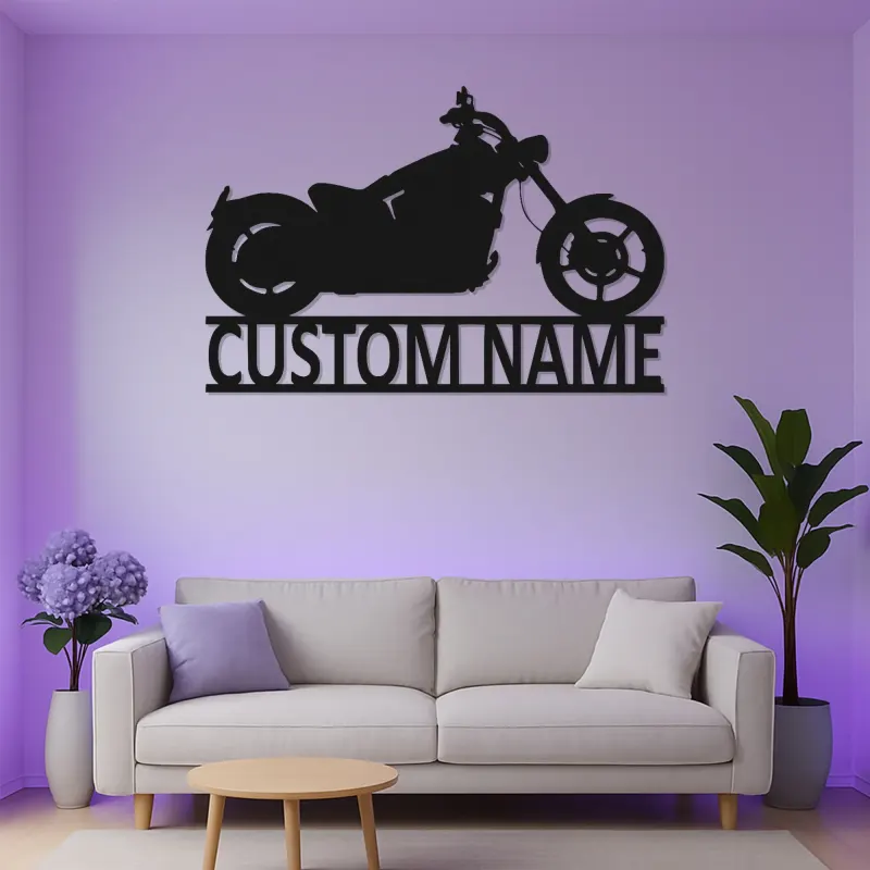 Insegna LED Personalizzata con Moto Cruiser | Arte Murale in Metallo Personalizzata | Decorazione Retro per Garage Biker | Regalo Illuminato per Caverna degli Uomini