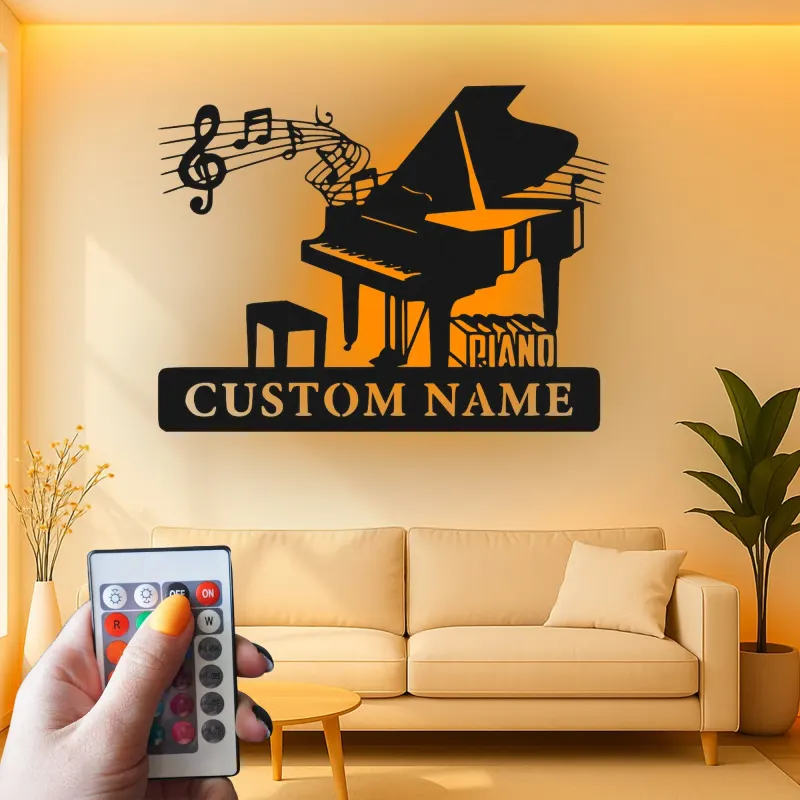 Cartel de metal de piano de cola personalizado con LED | Cartel de sala de música personalizado | Regalo para músico | Silueta de piano de cola