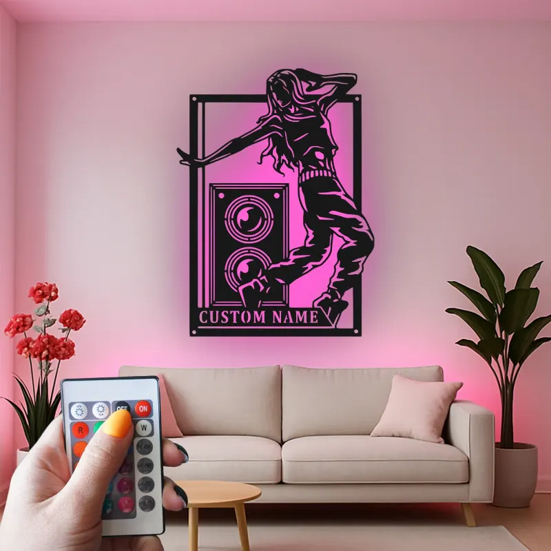 Custom Dancer and Speaker Led Light Metal Wall Art Personalized Music Lover Gift Bedroom or Studio Decor