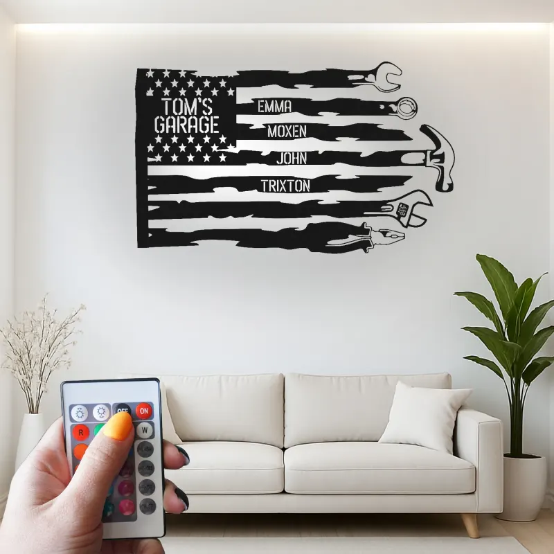 Insegna personalizzata per garage con LED | Arte murale in metallo con attrezzi personalizzata | Decorazione officina patriottica | Regalo per papà