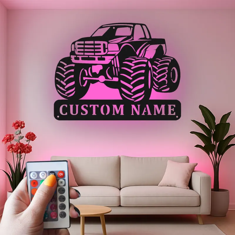 Insegna in Metallo Monster Truck Personalizzata | Luce LED da Parete Personalizzata per Stanza dei Bambini | Decorazione Veicolo Fuoristrada | Regalo per Ragazzi