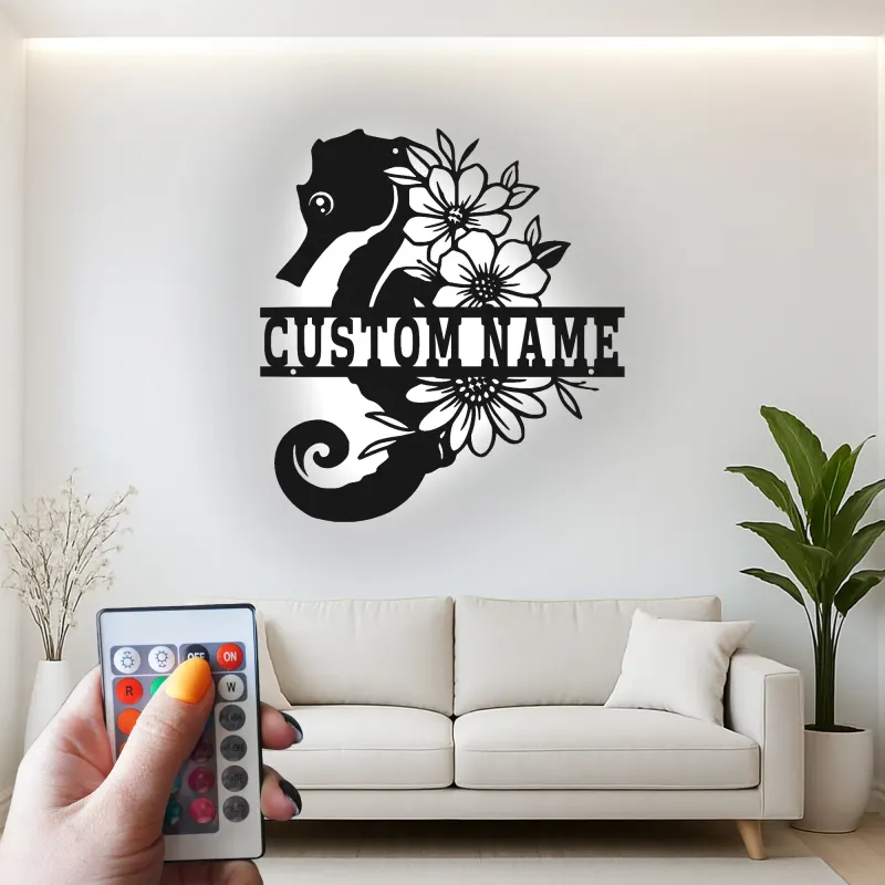 Custom Seahorse Name Sign | Floral Metal Wall Art with LED | Ocean Decor for Beach House | Personalized Nautical Gift