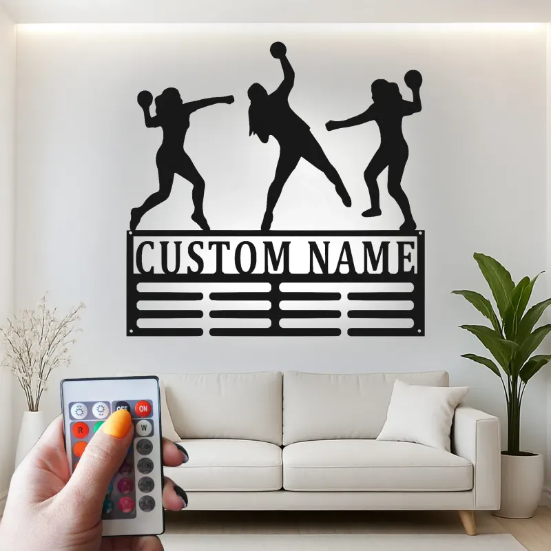 Insegna LED personalizzata con giocatrice di pallamano | Decorazione murale in metallo personalizzata | Regalo per squadra sportiva | Arredo palestra per atleta