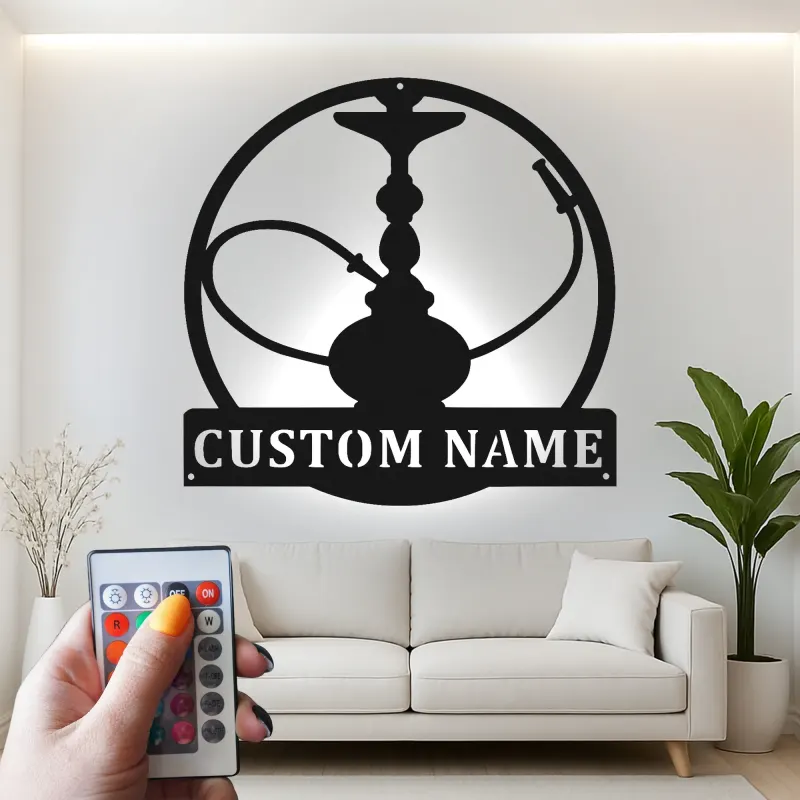 Insegna LED per Hookah Personalizzata | Decorazione per Lounge Shisha | Insegna in Metallo con Targhetta | Accento per Bar e Man Cave