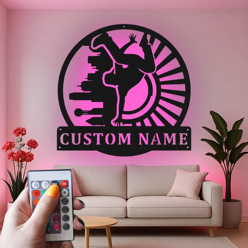 Décoration murale en métal personnalisée avec rétroéclairage LED de breakdance - Cadeau personnalisé pour les danseurs, décoration de studio de danse urbaine