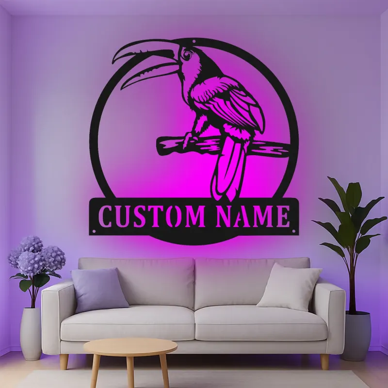 Décoration murale en métal personnalisée avec éclairage LED en forme de toucan - Cadeau tropical