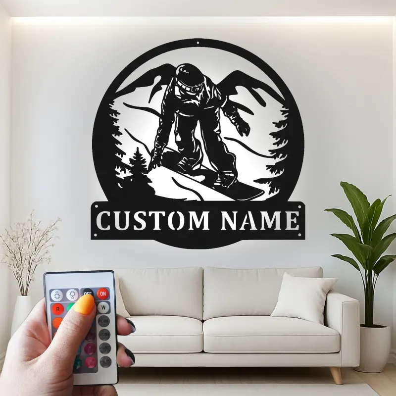 Cartel LED de snowboarder personalizado | Arte mural de metal personalizado | Decoración para el hogar de deportes de invierno | Regalo de snowboard retroiluminado