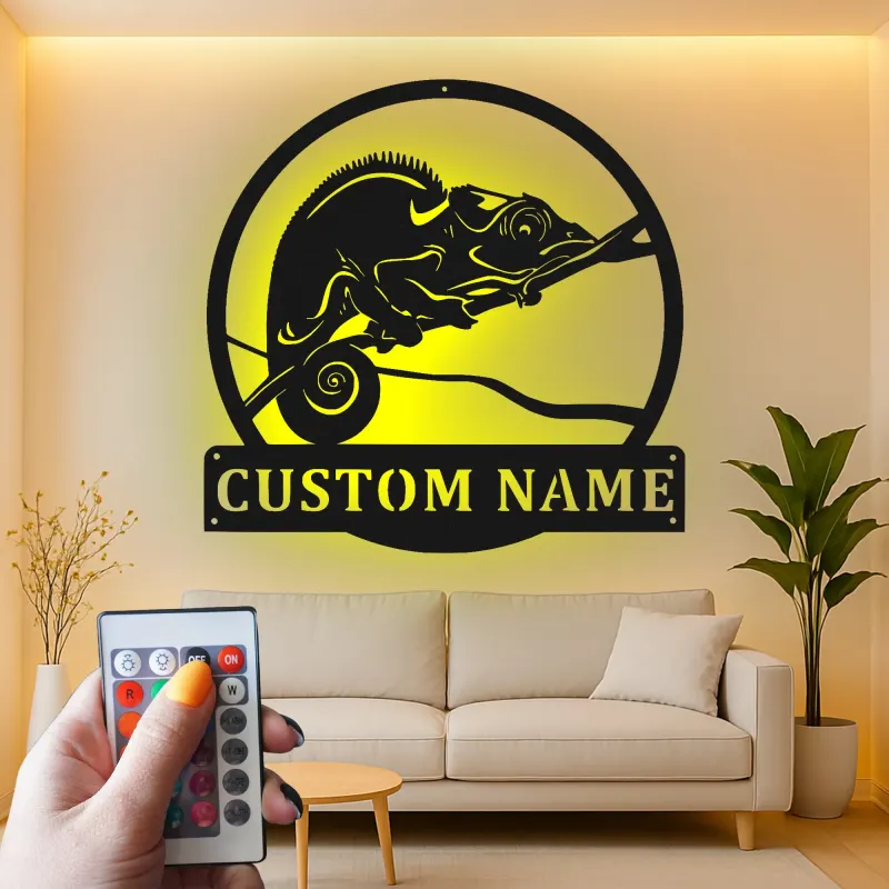 Insegna in metallo personalizzata con luce LED a forma di camaleonte, regalo unico per amanti dei rettili, decorazione per camera da letto