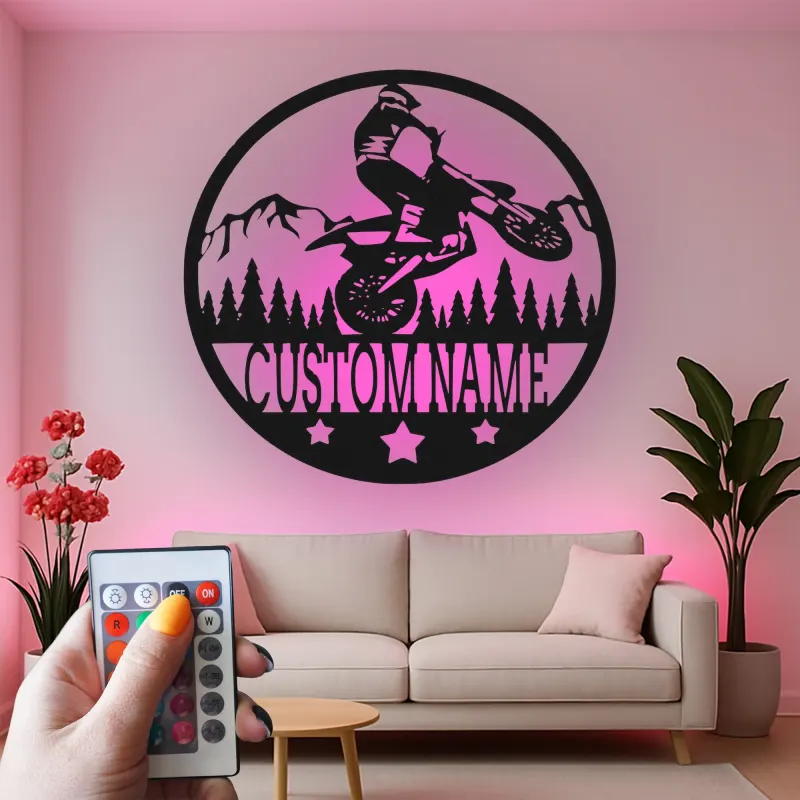 Cartel de metal LED personalizado de piloto de motocross regalo para entusiastas de motos de cross decoración de garaje o cueva de hombre 1
