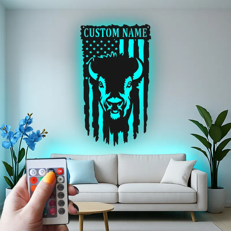 Décoration murale en métal personnalisée avec le drapeau américain et bison, rétroéclairage LED, cadeau rustique pour lui, décoration patriotique